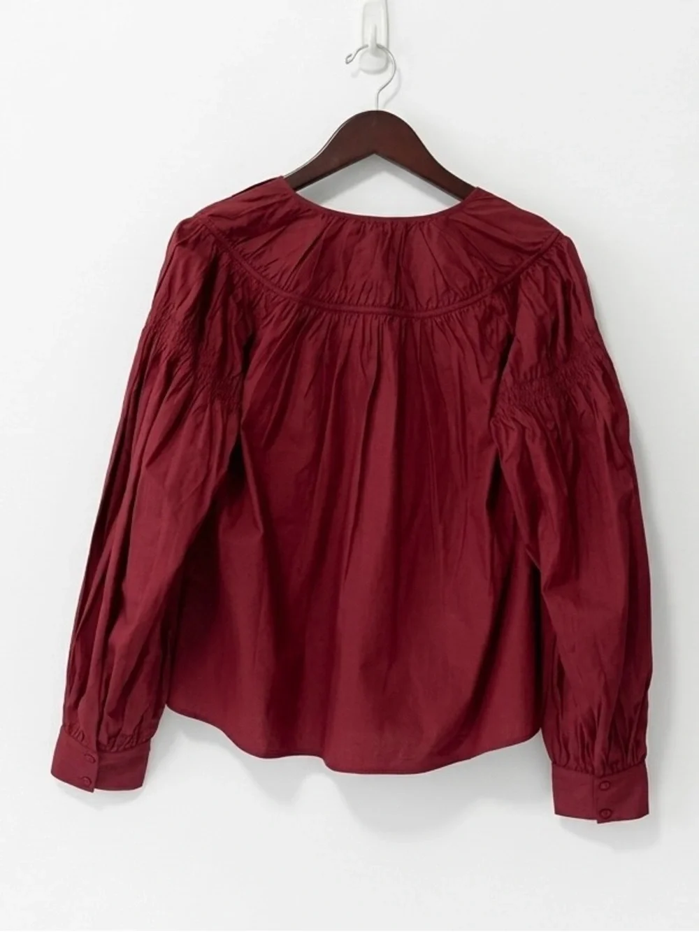 Ulla Johnson Maroon Cotton Pintuck Blouse Puff Long Sleeve Peasant Top,Sz 8 NWOT